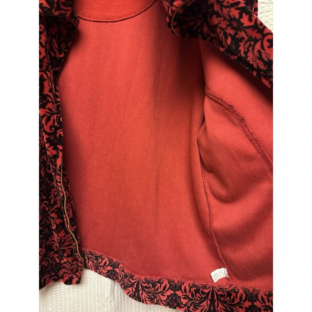 Charter Club Women's‎ SZ P/M Red Black Damask Velvet Zip Up Bomber Jacket Soft